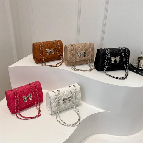 Women Quilted Crossbody Bag PU Leather Diamond Lattice Metal Bow Buckle Chain Strap Small Square Shoulder Bag