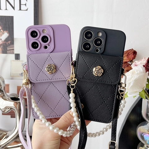 Coque De Téléphone Portefeuille En Cuir PU Matelassé Avec Boucle Fleur En Métal Porte-Cartes Poignée Künstliche Perle Et Bandoulière