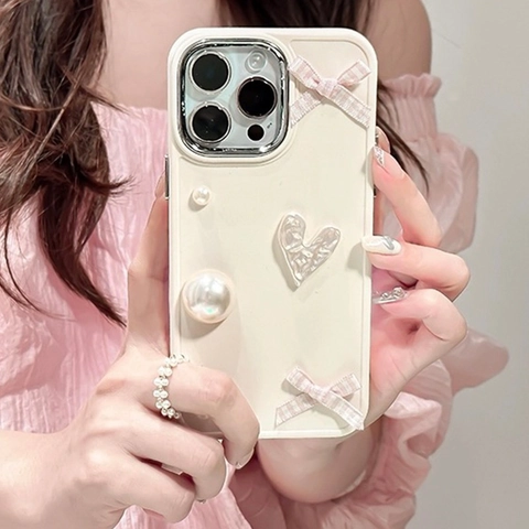 Phone Case Electroplated Frame Plaid Bowknot Imitation Artificial Pearl Relief Heart Sweet Silicone Cover Girlish Style For Women