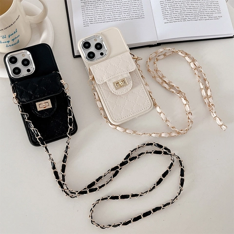 Funda De Teléfono Cruzada Con Cartera Acolchada Tarjetero Cierre De Metal Correa De Cadena De Cuero Entrelazada Antigolpes Lujo
