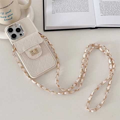 Funda De Teléfono Cruzada Con Cartera Acolchada Tarjetero Cierre De Metal Correa De Cadena De Cuero Entrelazada Antigolpes Lujo