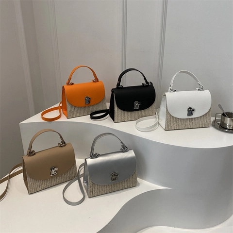 Borsa A Tracolla In Paglia Intrecciata Da Donna Patchwork In Pelle PU Piccola Borsa A Mano Quadrata Con Chiusura In Metallo Vacanza Mare