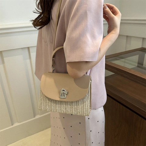 Borsa A Tracolla In Paglia Intrecciata Da Donna Patchwork In Pelle PU Piccola Borsa A Mano Quadrata Con Chiusura In Metallo Vacanza Mare