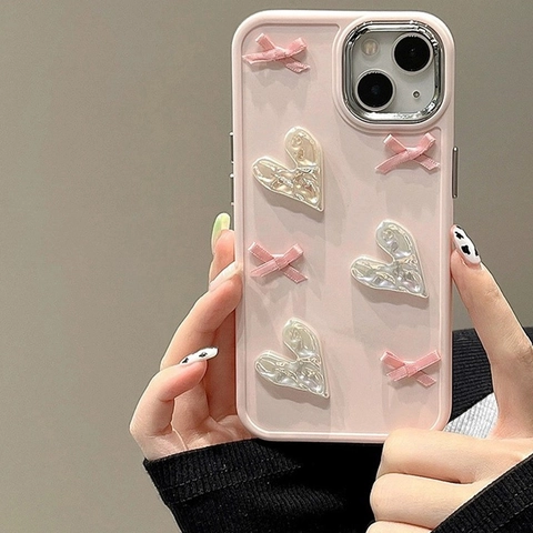 Phone Case Silicone Shockproof Protective Cover Cute Girly Pink Ribbon Stereoscopic Heart Sweet Fashion Mobile Shell Accessory