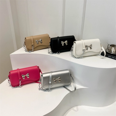 Women Crossbody Bag PU Leather Fashion Bowknot Decor Shoulder Bag With Chain Strap Small Square Bag Trendy Y2K Style