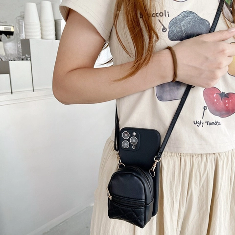Crossbody Phone Case With Mini Backpack Coin Purse Quilted PU Leather Silicone Cover And Removable Strap For iPhone