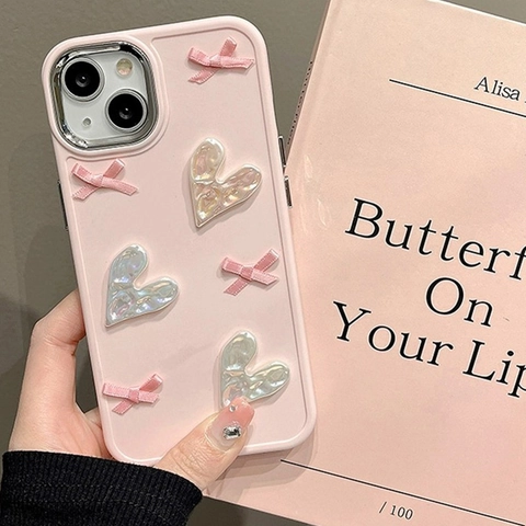 Phone Case Silicone Shockproof Protective Cover Cute Girly Pink Ribbon Stereoscopic Heart Sweet Fashion Mobile Shell Accessory
