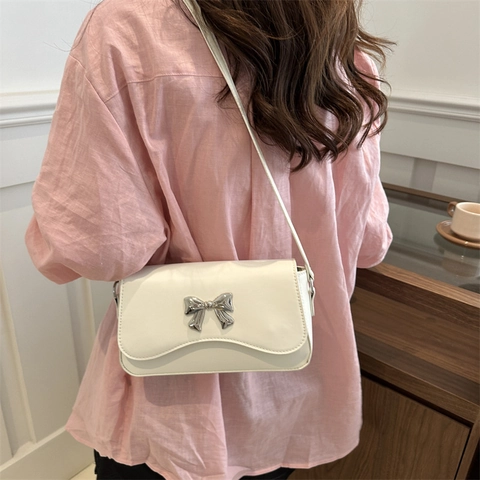Women Crossbody Bag PU Leather Fashion Bowknot Decor Shoulder Bag With Chain Strap Small Square Bag Trendy Y2K Style