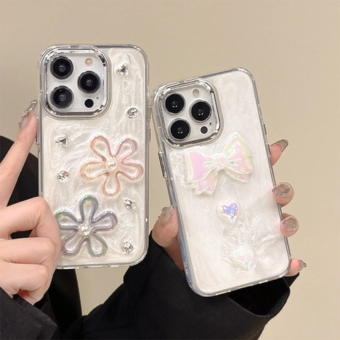 3D Strass Blume Künstliche Perle Handyhülle Schleife Herz Glitzer Für 16 Pro Max Transparente TPU Stoßfeste Hülle Für Damen