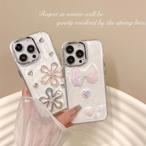 3D Strass Blume Künstliche Perle Handyhülle Schleife Herz Glitzer Für 16 Pro Max Transparente TPU Stoßfeste Hülle Für Damen