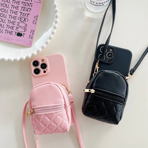 Crossbody Phone Case With Mini Backpack Coin Purse Quilted PU Leather Silicone Cover And Removable Strap For iPhone