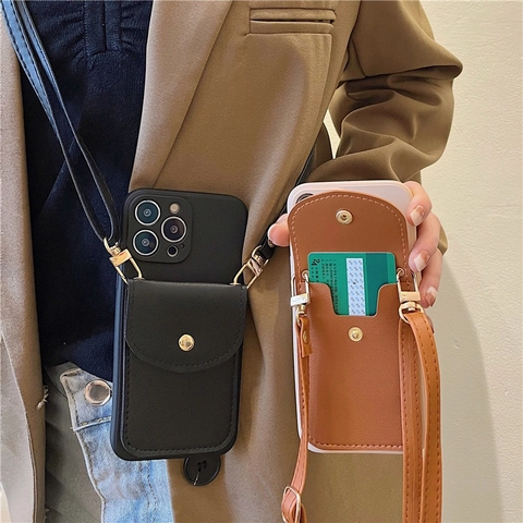 Crossbody Leather Strap Phone Case With Small Purse Wallet Card Holder Integrated Silicone Protective Cover For Women