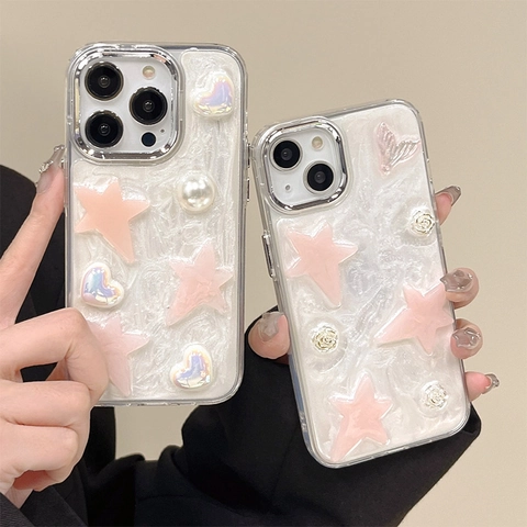Kawaii Phone Case For IPhone 16 Pro Max Silicone TPU Soft Cover 3D Star Heart Artificial Pearl Electroplated Frame Protective Sweet Style For Women