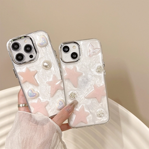 Kawaii Phone Case For IPhone 16 Pro Max Silicone TPU Soft Cover 3D Star Heart Artificial Pearl Electroplated Frame Protective Sweet Style For Women