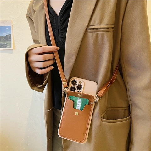 Crossbody Leather Strap Phone Case With Small Purse Wallet Card Holder Integrated Silicone Protective Cover For Women