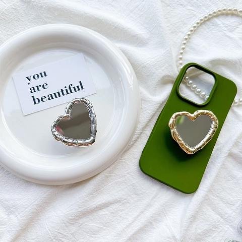 Heart Shaped Phone Grip Stand With Mirror Alloy Electroplated Bamboo Texture Design Portable Folding Cellphone Holder For Women