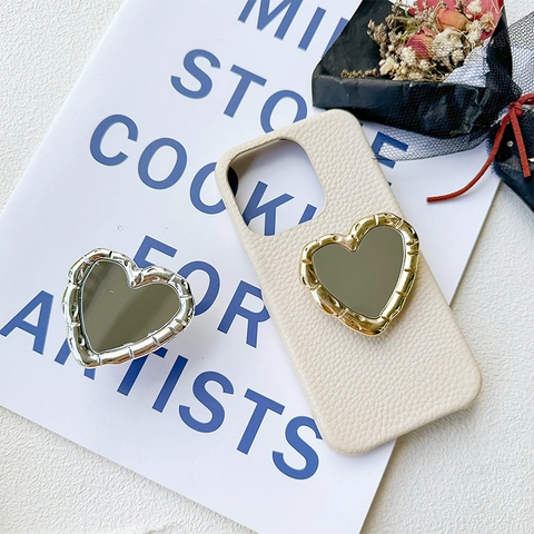 Heart Shaped Phone Grip Stand With Mirror Alloy Electroplated Bamboo Texture Design Portable Folding Cellphone Holder For Women