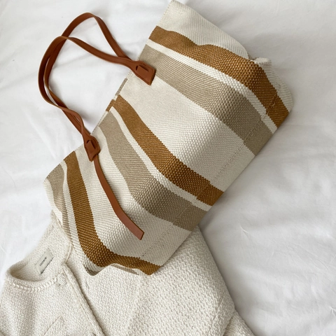 Bolso Tote De Lona Para Mujer Gran Capacidad Rayas Verticales Bolso De Hombro Estilo Urbano Simple Casual