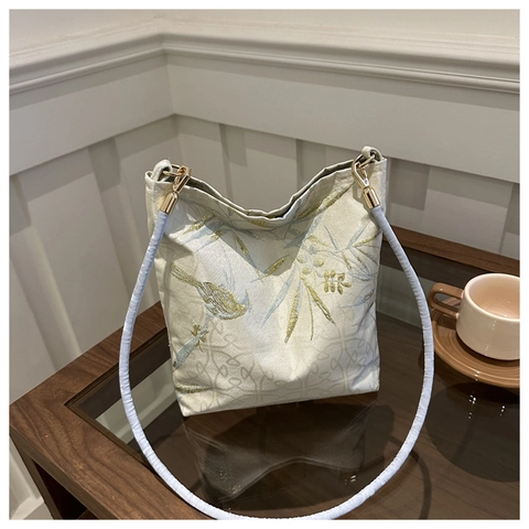 Borsa a Spalla da Donna Ricamata con Bambù e Farfalle Stile Neo-Cinese Vintage Tessuto in Raso Jacquard Tote Bag Casual