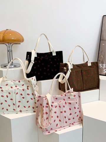 Borsa Tote In Velluto A Coste Con Stampa Di Fragole Kawaii Tasche Multiple Tracolla Regolabile Borsa A Mano Versatile Per Donne