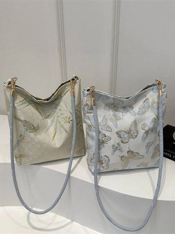 Oriental Vintage Style Embroidery Crossbody Bag Butterfly Bamboo Pattern Jacquard Fabric Shoulder Bucket Bag For Women
