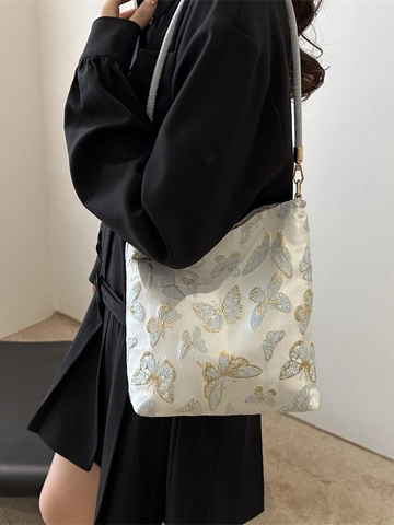 Oriental Vintage Style Embroidery Crossbody Bag Butterfly Bamboo Pattern Jacquard Fabric Shoulder Bucket Bag For Women