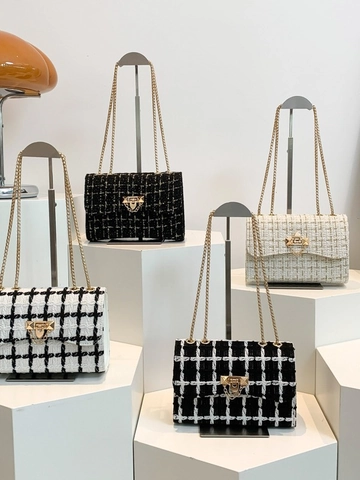 Sac Bandoulière En Tweed À Carreaux Chaîne En Métal Doré Sac À Épaule Carré Élégant Style Rétro Pour Femmes