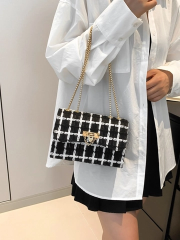 Sac Bandoulière En Tweed À Carreaux Chaîne En Métal Doré Sac À Épaule Carré Élégant Style Rétro Pour Femmes