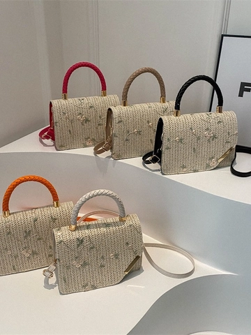 Women Straw Braided Crossbody Bag Floral Embroidery Small Square Handbag With Woven Handle And PU Leather Shoulder Strap