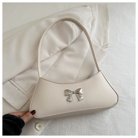 Bolso de Axila de Moda para Mujer con Lazo Minimalista de Cuero PU Media Luna Bolso de Hombro Elegante Baguette