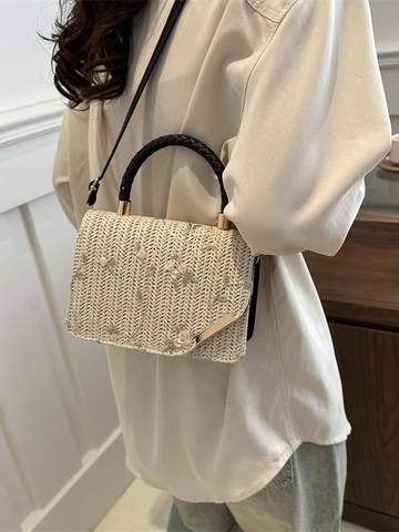 Women Straw Braided Crossbody Bag Floral Embroidery Small Square Handbag With Woven Handle And PU Leather Shoulder Strap