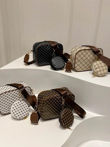 Vintage Print Schoudertas Camera Tas Voor Dames PU Leer Kleine Vierkante Tas Met Ronde Portemonnee Brede Riem Retro Mode