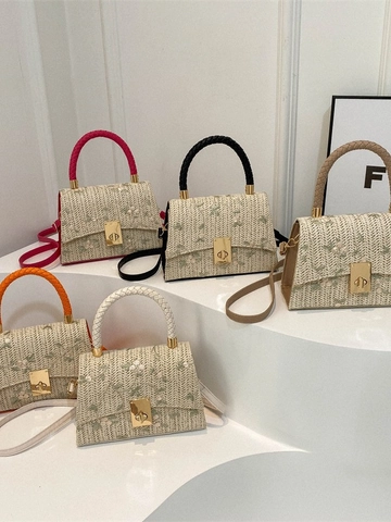 Women Straw Woven Bag Floral Embroidery Handheld Crossbody Purse Summer Beach Style Retro Square Flap Lock