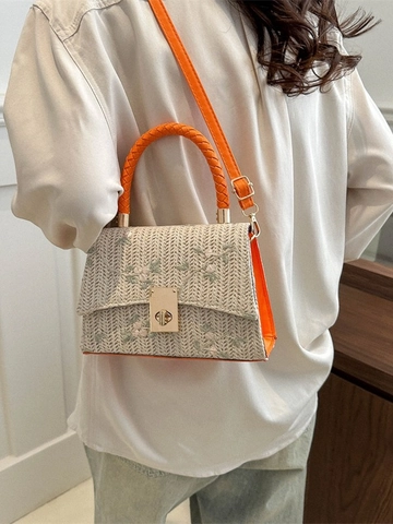 Women Straw Woven Bag Floral Embroidery Handheld Crossbody Purse Summer Beach Style Retro Square Flap Lock