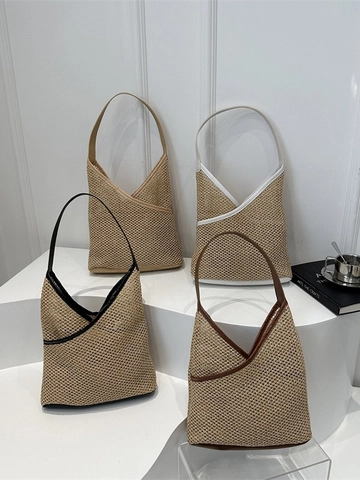 Borsa A Spalla In Paglia Intrecciata Con Rifiniture In Pelle PU Retro Grande Capacità Vacanze Estive Al Mare Borsa Hobo Da Donna