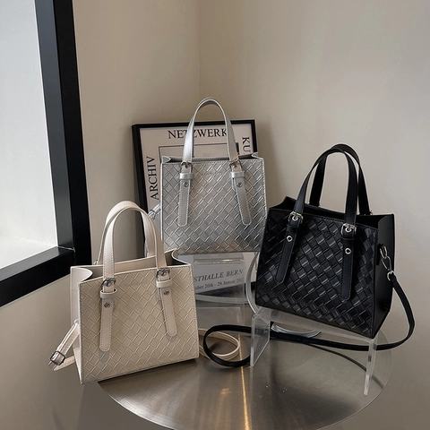 Woven PU Leather Handbag Square Tote Bag With Adjustable Shoulder Strap Double Handle Fashion Crossbody Bag For Women