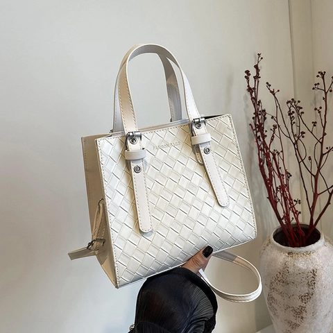 Woven PU Leather Handbag Square Tote Bag With Adjustable Shoulder Strap Double Handle Fashion Crossbody Bag For Women