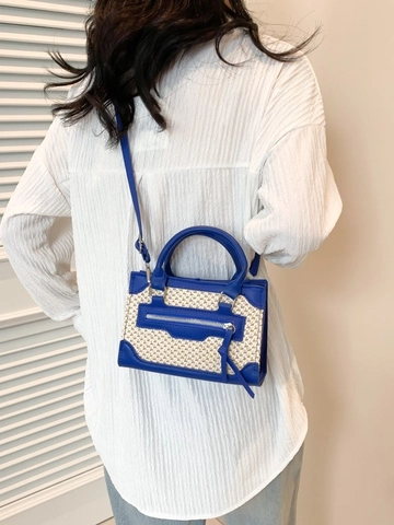 Mini Square Handbag PU Leather Woven Straw Crossbody Bag Motorcycle Style Zipper Tassel Decor Summer Chic For Women