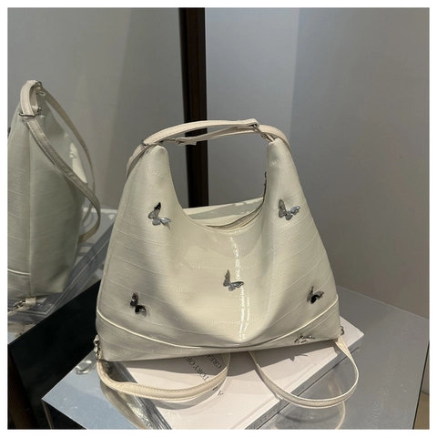 Damen PU Leder Schmetterling Hobo Tasche Metallic Glänzend Schultertasche Retro Urban Minimalistisch Handtasche Unterarm Tasche