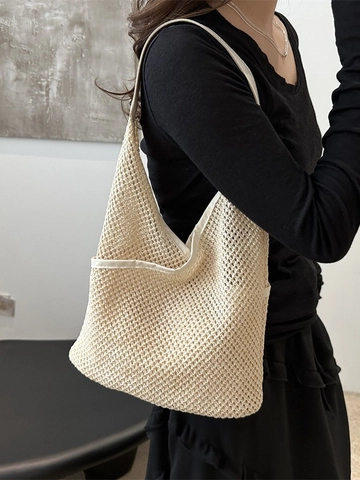 Woven Hollow Mesh Shoulder Bag Women PU Leather Trim Casual Simple Large Capacity Summer Vacation Chic Hobo Crossbody Bag