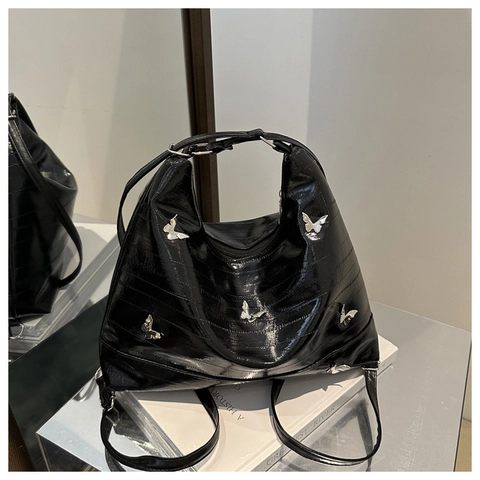 Damen PU Leder Schmetterling Hobo Tasche Metallic Glänzend Schultertasche Retro Urban Minimalistisch Handtasche Unterarm Tasche