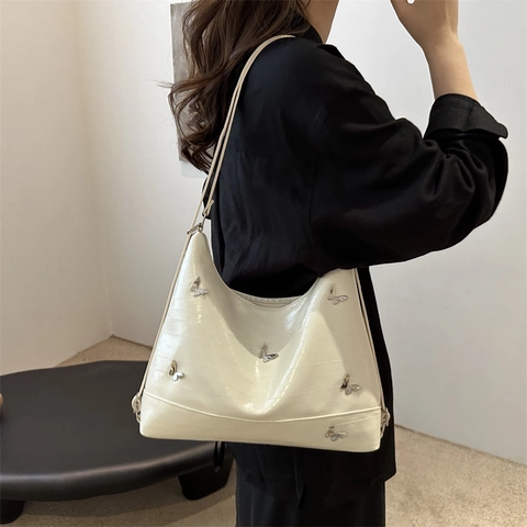 Hobo Schultertasche Mit Schmetterlingsdekor Große Kapazität PU Leder Für Damen Streetstyle Krokodilmuster Metallic Handtasche