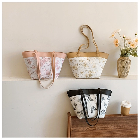 Bolso Tote Elegante Estilo Francés con Estampado de Mariposas Cuero PU Bolso de Hombro de Gran Capacidad para Mujer Uso Diario