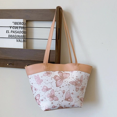 Schmetterlingsdruck Große Kapazität Tragetasche PU Leder Stoff Schultertasche Für Frauen Studenten Pendeln Retro Stil Handtasche