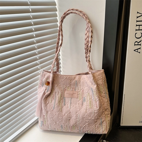 Borsa Tote da Donna Retrò Grande Capacità Con Manico Intrecciato Nappina Tessuto Jacquard Ricamo Borsa a Spalla di Moda