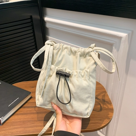 Drawstring Bucket Bag Nylon Solid Color Large Capacity Crossbody Shoulder Messenger For Women Japanese Style Commuter