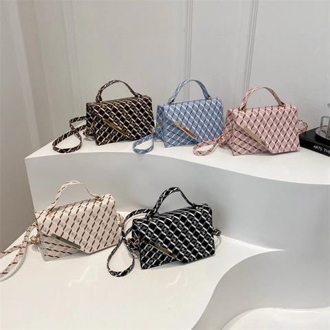 Women Geometric Lattice Bear Print PU Leather Small Square Bag Crossbody Shoulder Handbag Gold Metal Decor Flap