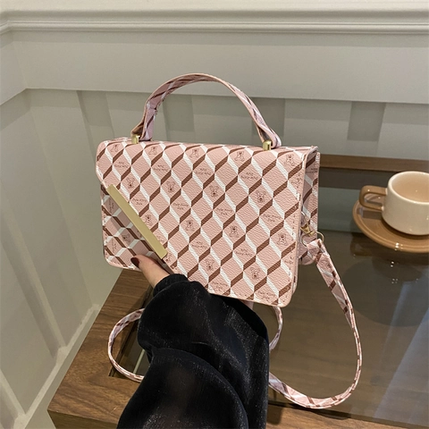 Women Geometric Lattice Bear Print PU Leather Small Square Bag Crossbody Shoulder Handbag Gold Metal Decor Flap