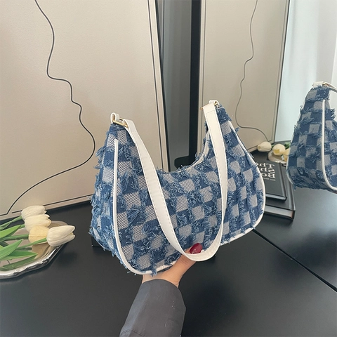 Checkerboard Denim Unterarm Hobo Tasche Damen Ausgefranste Kanten Canvas Schultertasche Lässig Retro Trendy Handtasche