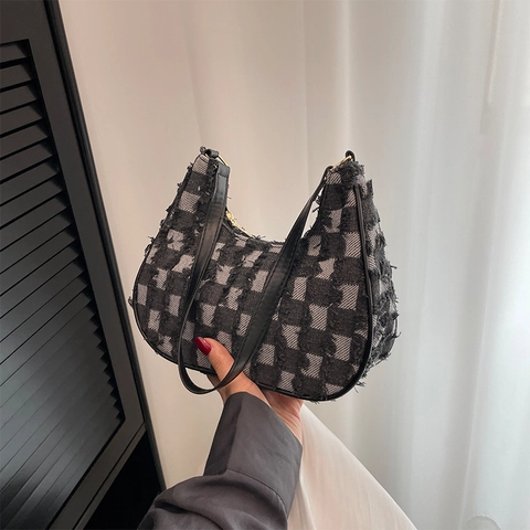 Checkerboard Denim Unterarm Hobo Tasche Damen Ausgefranste Kanten Canvas Schultertasche Lässig Retro Trendy Handtasche